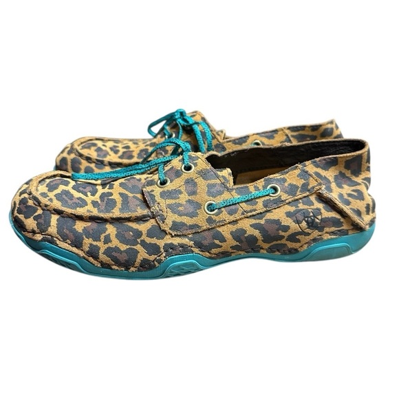 Ariat Caldwell Turquoise Brown Leopard Print Leather Casual Boat Shoes Size 6.5B - Picture 1 of 8